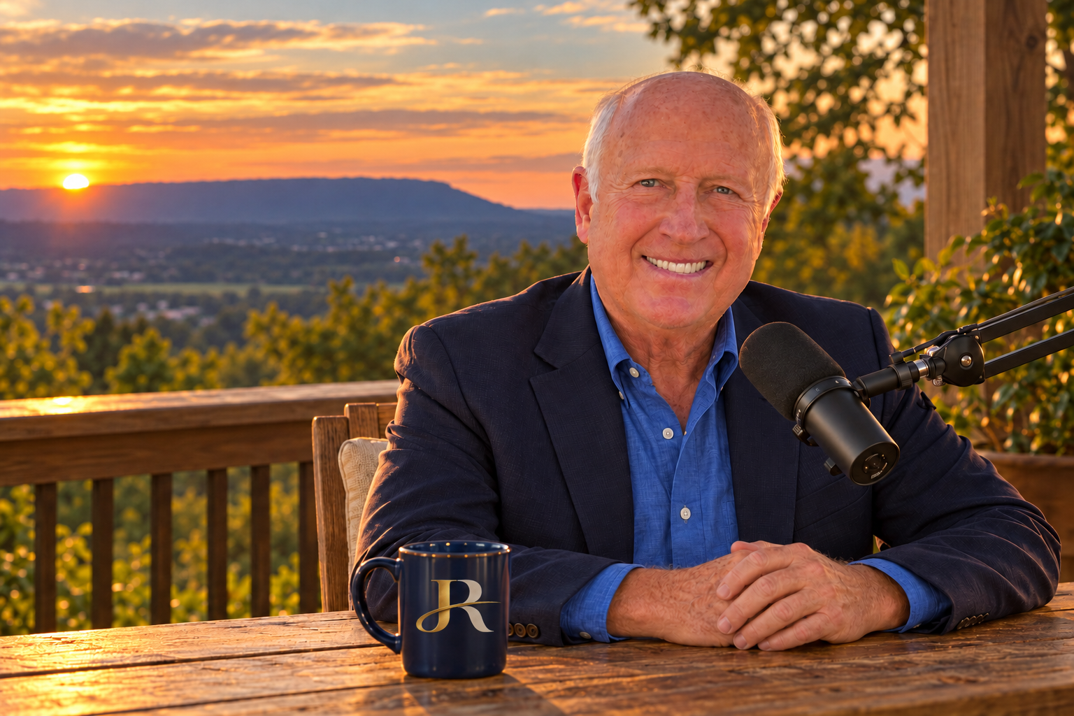 Joe Robinson at a porch table with a podcast microphone, a JR coffee mug, and Lookout Mountain in the distance
